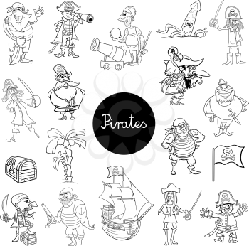 Black and White Cartoon Illustration of Pirates Fantasy Characters Set