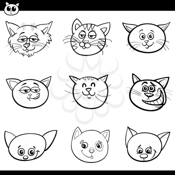 Black and White Cartoon Illustration of Funny Cats or Kittens Heads Set