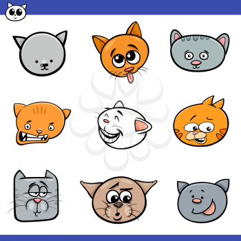 Cartoon Illustration of Cute Cats or Kittens Heads Set