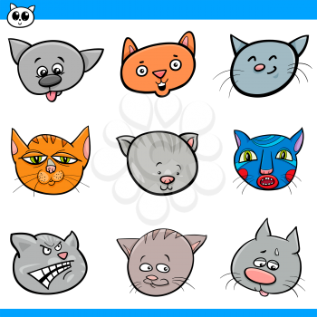 Cartoon Illustration of Cute Cats and Kittens Heads Set