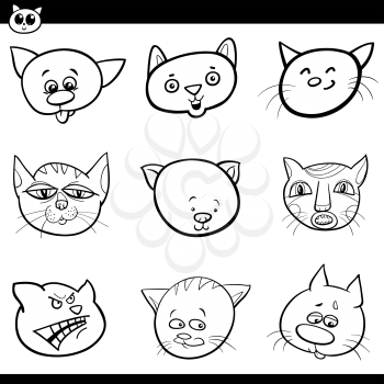 Black and White Cartoon Illustration of Cute Cats and Kittens Heads Set