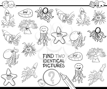 Black and White Cartoon Illustration of Finding Two Identical Pictures Educational Game for Children with Sea Life Animal Characters Coloring Book