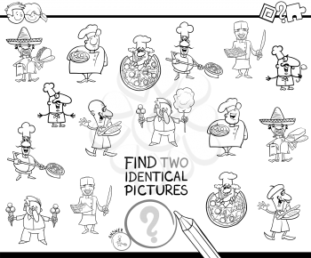 Black and White Cartoon Illustration of Finding Two Identical Pictures Educational Game for Children with Chef Characters and Food Coloring Book
