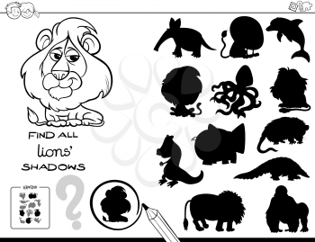 Black and White Cartoon Illustration of Finding All Lions Shadows Educational Activity for Children Coloring Book