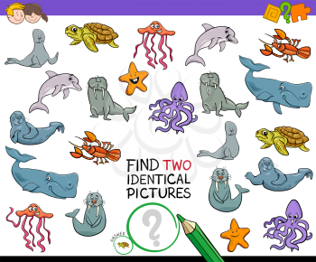 Cartoon Illustration of Finding Two Identical Pictures Educational Game for Children with Marine Life Animal Characters