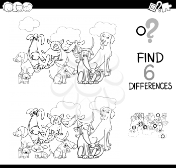 Black and White Cartoon Illustration of Find and Spot Six Differences Between Pictures Educational Activity Game for Kids with Dogs Animal Characters Group Coloring Book