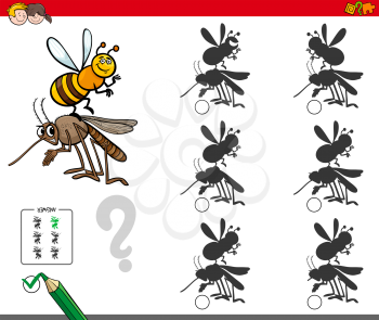 Cartoon Illustration of Finding the Shadow without Differences Educational Activity for Children with Insect Characters