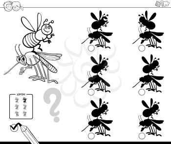 Black and White Cartoon Illustration of Finding the Shadow without Differences Educational Activity for Children with Insect Characters Coloring Book