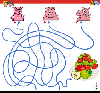 Cartoon Illustration of Paths or Maze Puzzle Activity Game with Funny Pigs Farm Animal Characters and Apples