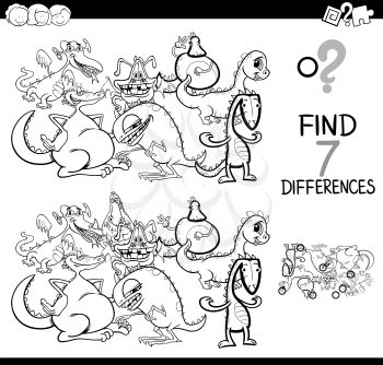 Black and White Cartoon Illustration of Finding Seven Differences Between Pictures Educational Activity Game for Children with Dragons Fantasy Animal Characters Group Coloring Book