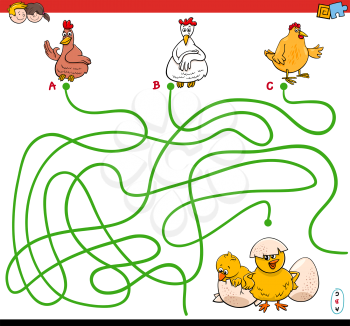 Cartoon Illustration of Paths or Maze Puzzle Activity Game with Hens and Chickens Farm Animal Characters