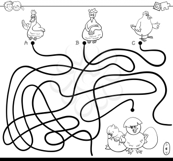 Black and White Cartoon Illustration of Paths or Maze Puzzle Activity Game with Hens and Chickens Farm Animal Characters Coloring Book
