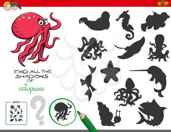 Cartoon Illustration of Finding All The Shadows of Octopuses Educational Game for Children