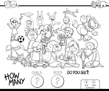 Black and White Cartoon Illustration of Educational Counting Game for Children with Girls and Boys Characters Group Coloring Book