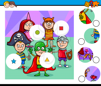 Cartoon Illustration of Educational Match the Pieces Jigsaw Puzzle Game for Children with Kids at Costume Party