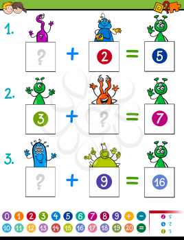 Cartoon Illustration of Educational Mathematical Addition Puzzle Game for Preschool and Elementary Age Children with Aliens Funny Characters