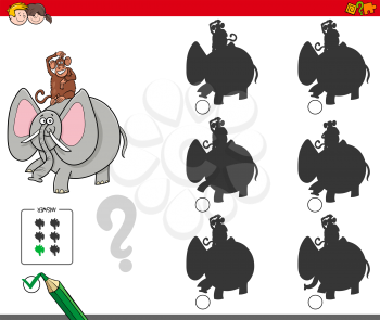 Cartoon Illustration of Finding the Shadow without Differences Educational Activity for Children with Monkey and Elephant Animal Characters
