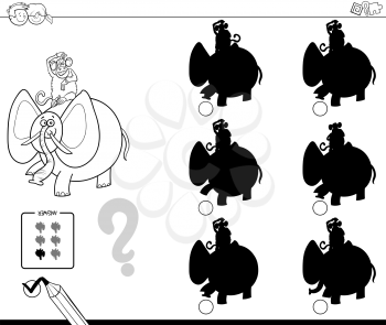 Black and White Cartoon Illustration of Finding the Shadow without Differences Educational Activity for Children with Monkey and Elephant Animal Characters Coloring Book