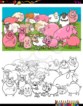 Cartoon Illustration of Pigs and Sheep Farm Animal Characters Group Coloring Book Activity