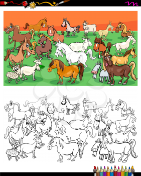 Cartoon Illustration of Horses ans Goats Farm Animal Characters Group Coloring Book Activity