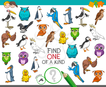 Cartoon Illustration of Find One of a Kind Picture Educational Activity Game for Children with Birds Animal Characters