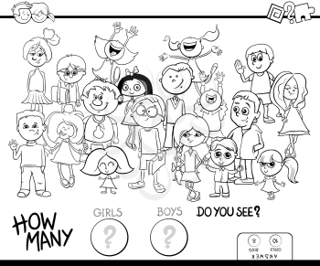 Black and White Cartoon Illustration of Educational Counting Task Game for Children with Girls and Boys Characters Group Coloring Book