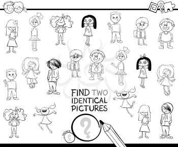 Black and White Cartoon Illustration of Finding Two Identical Pictures Educational Game for Kids with Girls and Boys Children Characters Coloring Book