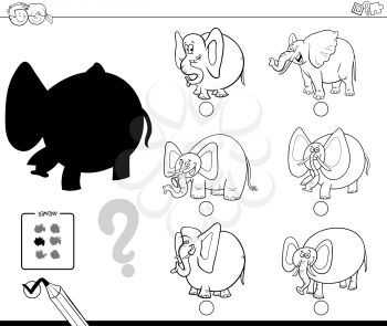 Black and White Cartoon Illustration of Finding the Shadow without Differences Educational Activity for Children with Elephants Animal Characters Coloring Book