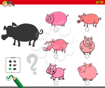 Cartoon Illustration of Finding the Shadow without Differences Educational Activity for Children with Pigs Animal Characters