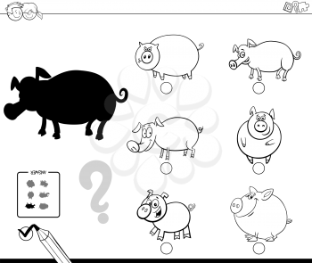 Black and White Cartoon Illustration of Finding the Shadow without Differences Educational Activity for Children with Pigs Animal Characters Coloring Book