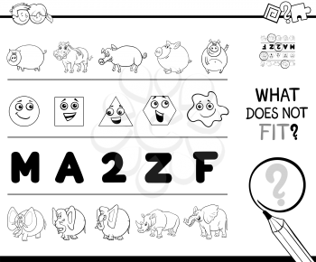 Black and White Cartoon Illustration of Finding Picture that does not Fit in a Row Educational Game with Animals and Shapes and Letters Coloring Book