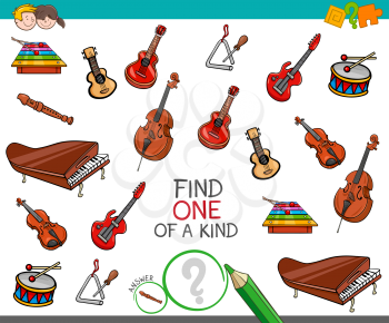 Cartoon Illustration of Find One of a Kind Picture Educational Activity Game for Children with Musical Instruments