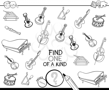 Black and White Cartoon Illustration of Find One of a Kind Picture Educational Activity Game for Children with Musical Instruments Coloring Book