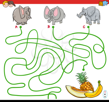 Cartoon Illustration of Paths or Maze Puzzle Activity Game with Elephants Animal Characters and Fruits