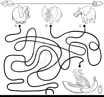 Black and White Cartoon Illustration of Paths or Maze Puzzle Activity Game with Elephants Animal Characters and Fruits Coloring Book