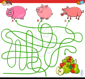 Cartoon Illustration of Paths or Maze Puzzle Activity Game with Pigs Farm Animal Characters