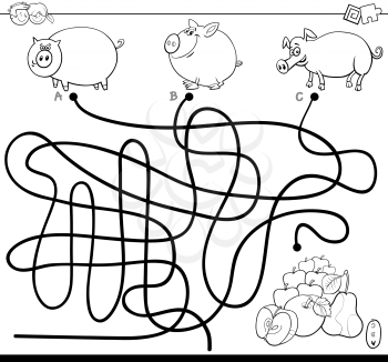 Black and White Cartoon Illustration of Paths or Maze Puzzle Activity Game with Pigs Farm Animal Characters Coloring Book