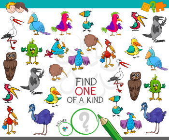 Cartoon Illustration of Find One of a Kind Picture Educational Activity Game for Children with Birds Characters