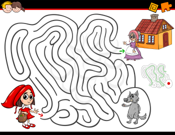 Cartoon Illustration of Education Maze or Labyrinth Activity Game for Children with Little Red Riding Hood