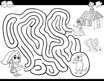 Black and White Cartoon Illustration of Education Maze or Labyrinth Activity Game for Children with Little Red Riding Hood Coloring Book