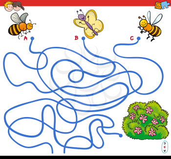 Cartoon Illustration of Paths or Maze Puzzle Activity Game with Funny Bee and Butterfly Insect Characters with Blooming Bush
