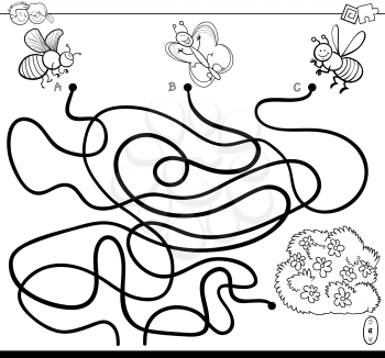Black and White Cartoon Illustration of Paths or Maze Puzzle Activity Game with Funny Bee and Butterfly Insect Characters with Blooming Bush Coloring Book