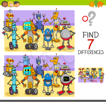 Cartoon Illustration of Finding Seven Differences Between Pictures Educational Activity Game for Children with Funny Robots Fantasy Characters Group