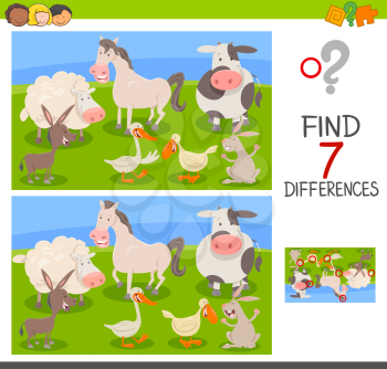 Cartoon Illustration of Finding Seven Differences Between Pictures Educational Activity Game for Children with Farm Animal Characters Group