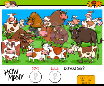 Cartoon Illustration of Educational Counting Game for Children with Cows and Bulls Farm Animals Characters Group