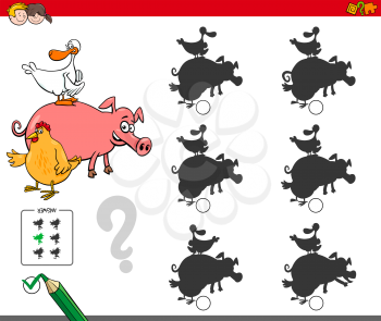 Cartoon Illustration of Finding the Shadow without Differences Educational Activity for Children with Comic Farm Animal Characters