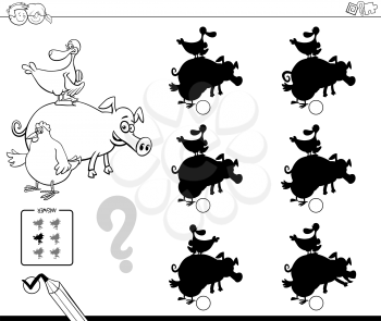 Black and White Cartoon Illustration of Finding the Shadow without Differences Educational Activity for Children with Comic Farm Animal Characters Coloring Book