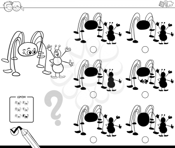 Black and White Cartoon Illustration of Finding the Shadow without Differences Educational Activity for Children with Cute Insect Characters Coloring Book