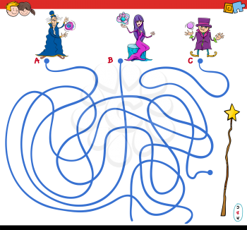 Cartoon Illustration of Paths or Maze Puzzle Activity Game with Wizard Characters and Magic Wand