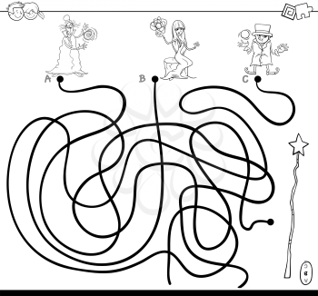 Black and White Cartoon Illustration of Paths or Maze Puzzle Activity Game with Wizard Characters and Magic Wand Coloring Book